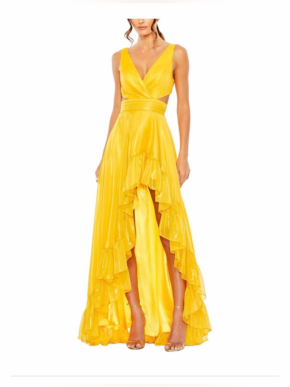 Mac Duggal Cut Out High Low Ruffle Gown Yellow Size 10